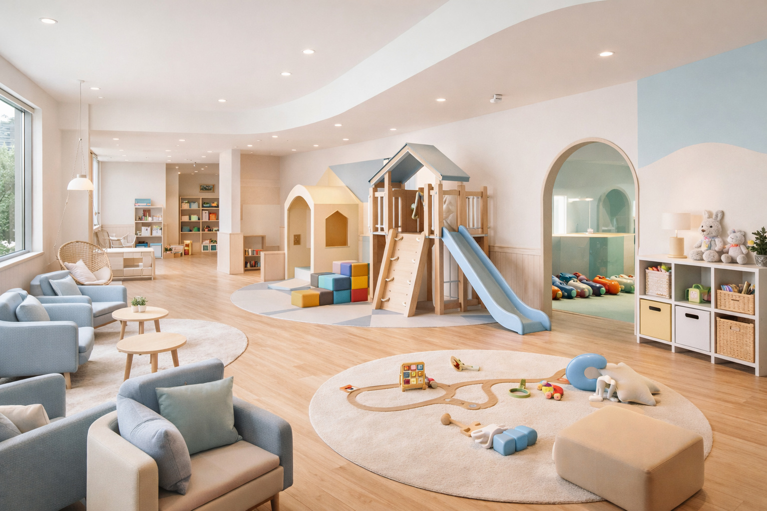 Open-plan RockeyPlay NP playroom with parent seating and visible activity zones